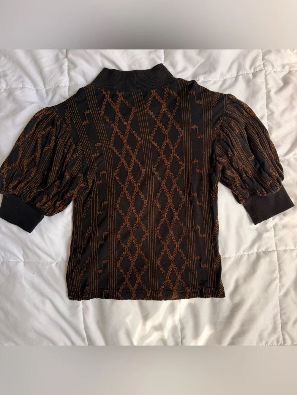 Free People Brown/Black Diamond Pattern Puff Sleeve Mock Neck Top